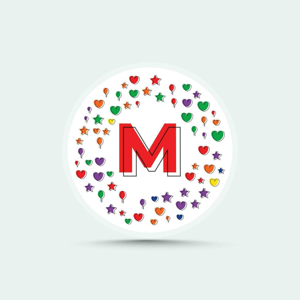 brief m logo ontwerp sjabloon met kleurrijk liefde hart ster en ballon vector