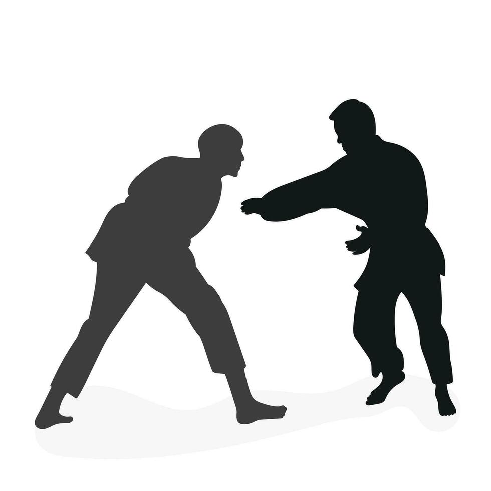 beeld silhouet judoka. judo, krijgshaftig kunst, sportiviteit, worstelen, duel, worstelen, bestrijden, vechten, worstelen vector