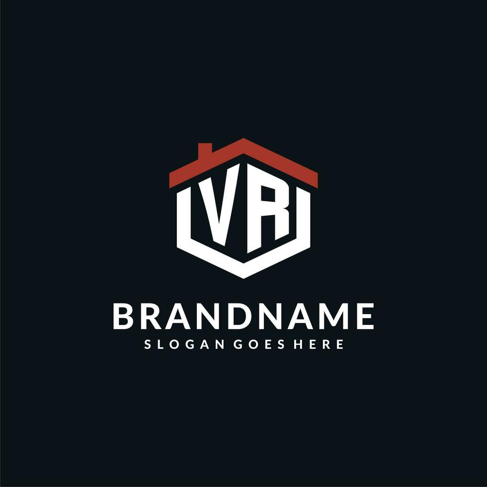 eerste brief vr logo met huis dak zeshoek vorm ontwerp ideeën vector