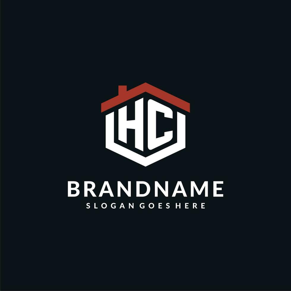 eerste brief hc logo met huis dak zeshoek vorm ontwerp ideeën vector