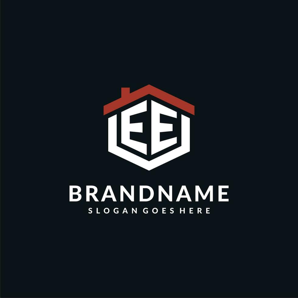 eerste brief ee logo met huis dak zeshoek vorm ontwerp ideeën vector