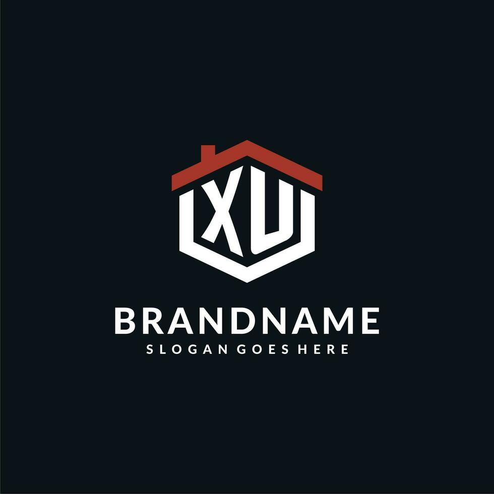 eerste brief xu logo met huis dak zeshoek vorm ontwerp ideeën vector