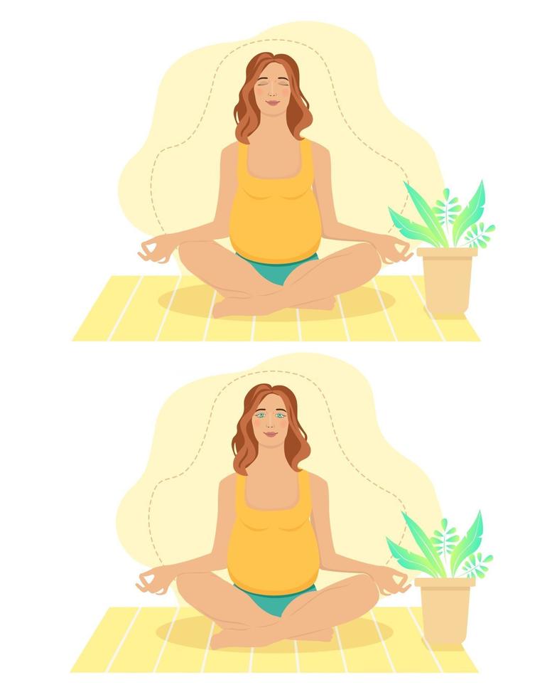 zwangere vrouw die thuis mediteert. concept illustratie voor prenatale yoga, meditatie, ontspannen, recreatie, gezonde levensstijl. illustratie in platte cartoonstijl. vector