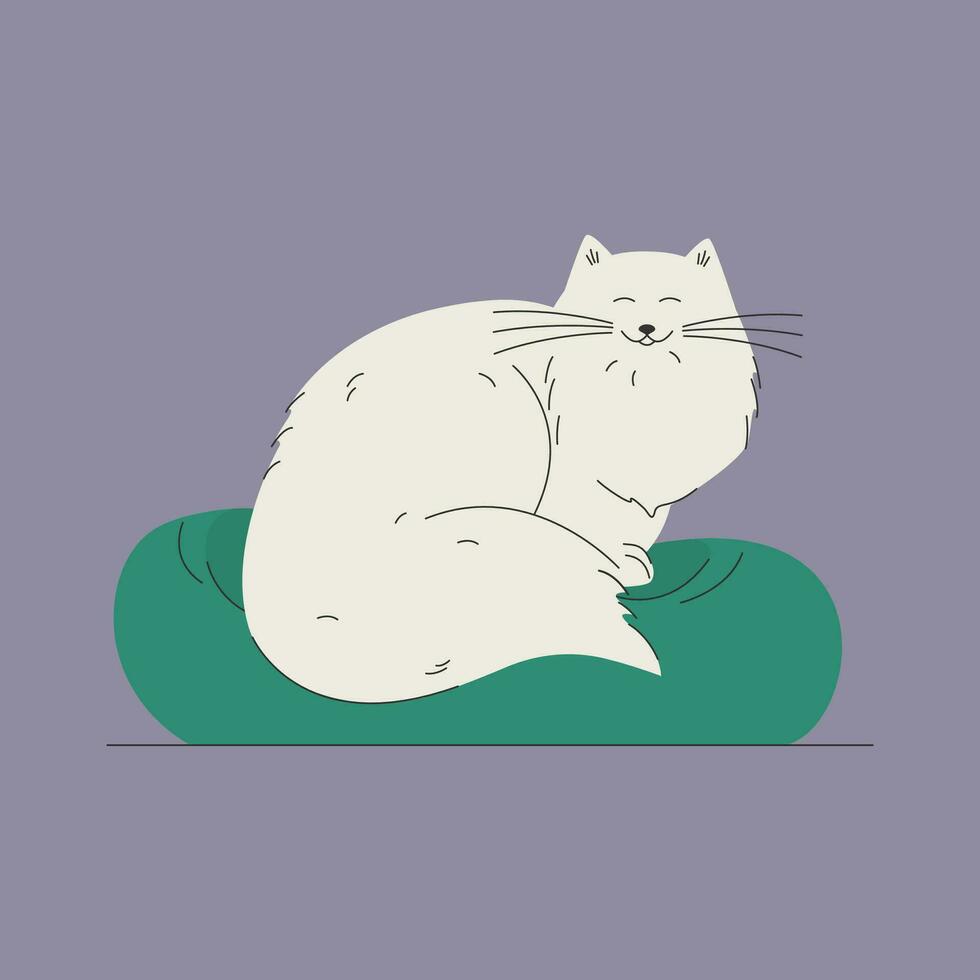 aanbiddelijk schattig wit kat zittend Aan zacht kussen vector illustratie.