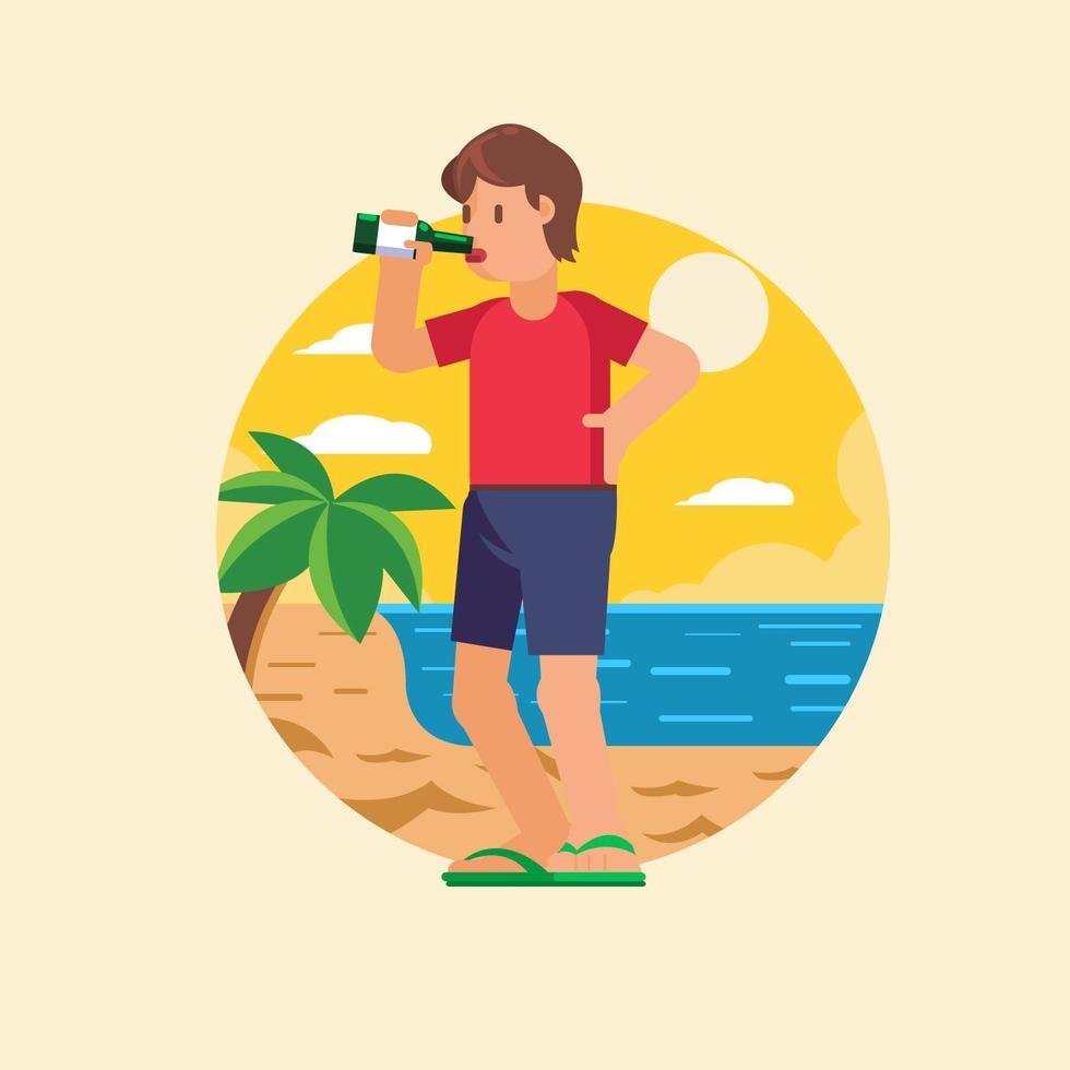 Guy Drinking Beer at the beach vector