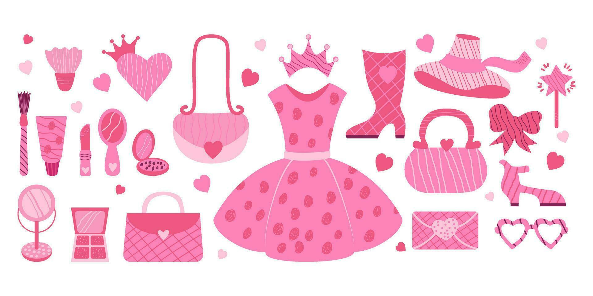 roze vrouw stijlvol. mode pop verzameling. modieus glamoureus accessoires, kleren, cosmetica, schoenen, handtas, bril en kroon voor meisje prinses. geïsoleerd vector decoratief elementen .