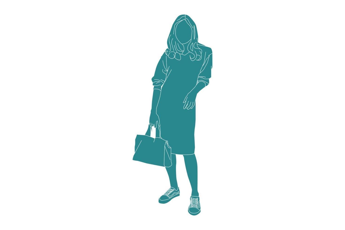 vectorillustratie van elegante vrouw pose terloops, vlakke stijl met outline vector