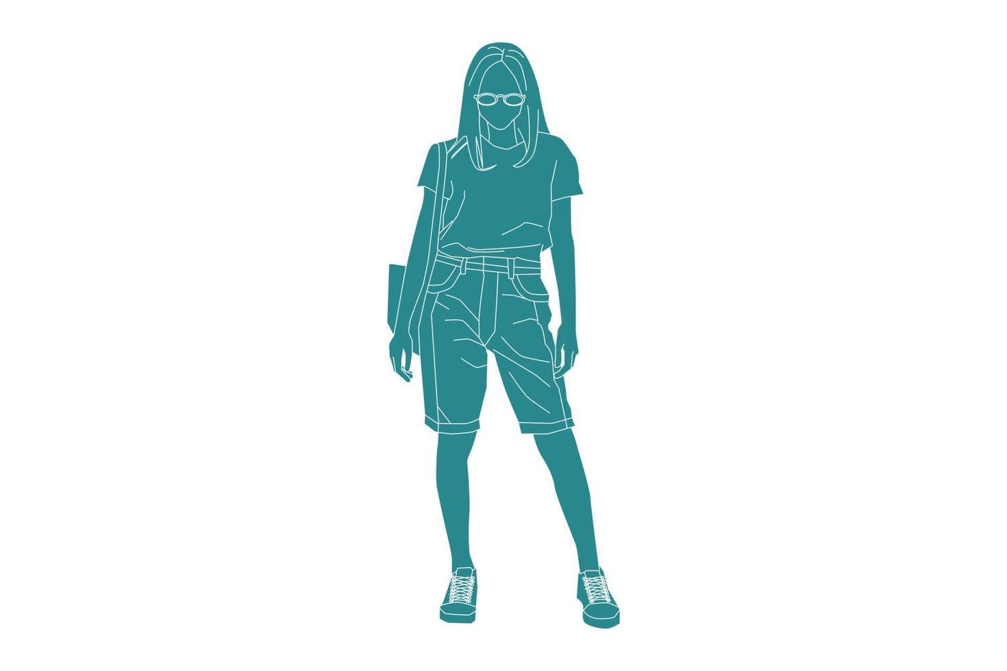 vectorillustratie van casual vrouw poseren, vlakke stijl met outline vector