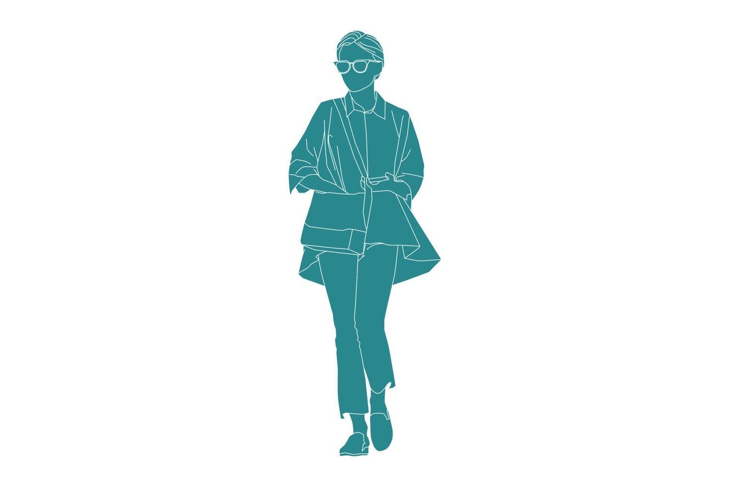 vectorillustratie van casual vrouw lopen op de zijweg, vlakke stijl met outline vector