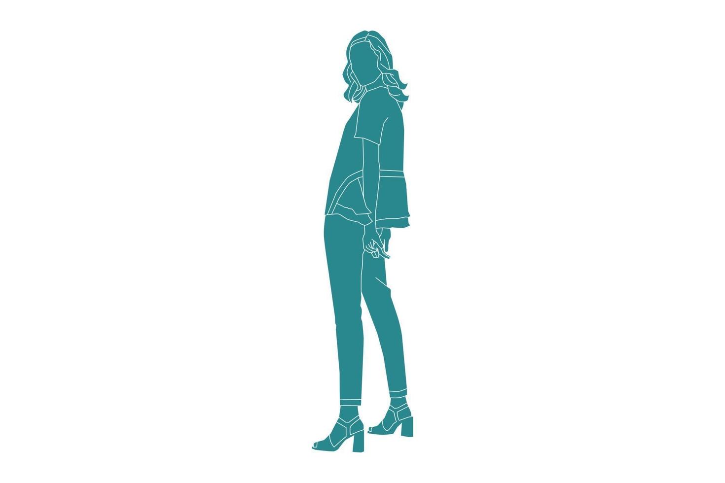 vectorillustratie van casual vrouw poseren, vlakke stijl met outline vector