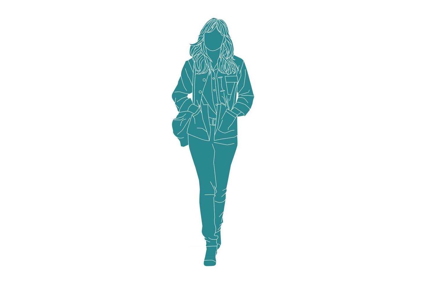 vectorillustratie van modieuze vrouw die op de zijweg loopt, vlakke stijl met outline vector