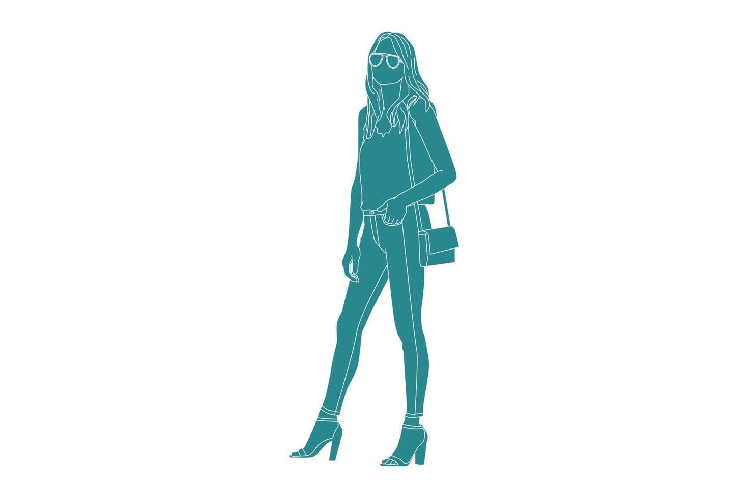 vectorillustratie van casual vrouw poseren met haar mini tas, vlakke stijl met outline vector