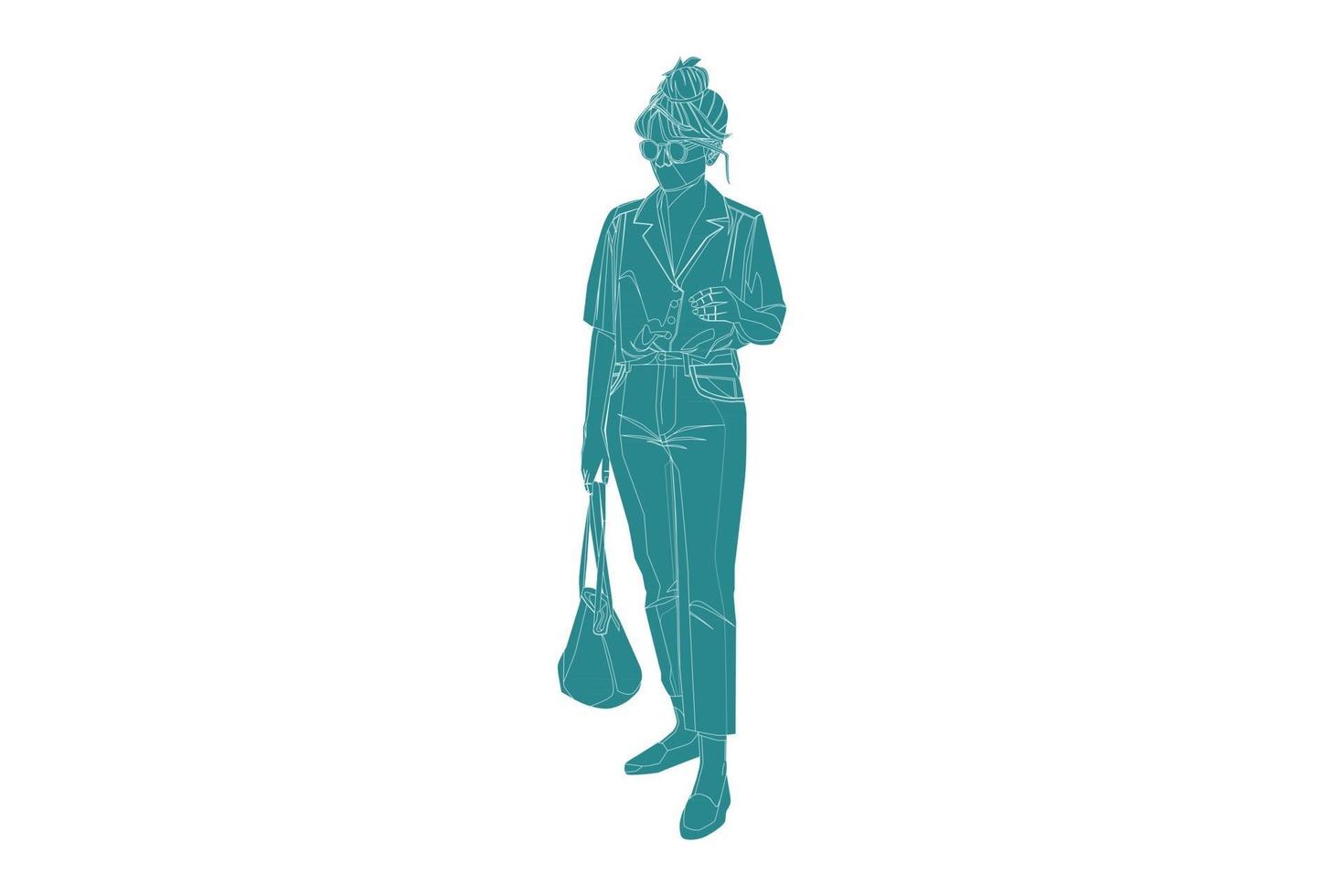 vectorillustratie van casual vrouw lopen op de zijweg met haar tas, vlakke stijl met outline vector