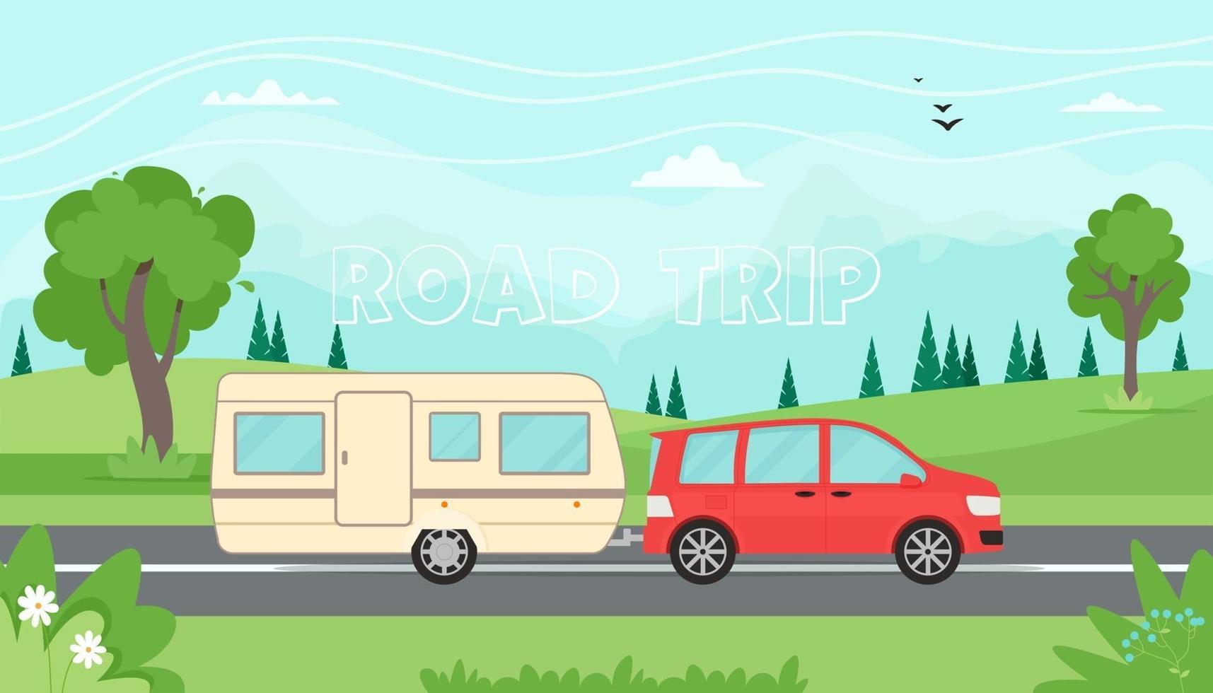tijd om te reizen, road trip concept. reizen met de auto met aanhanger in de bergen. lente of zomer landschap. vectorillustratie in vlakke stijl vector
