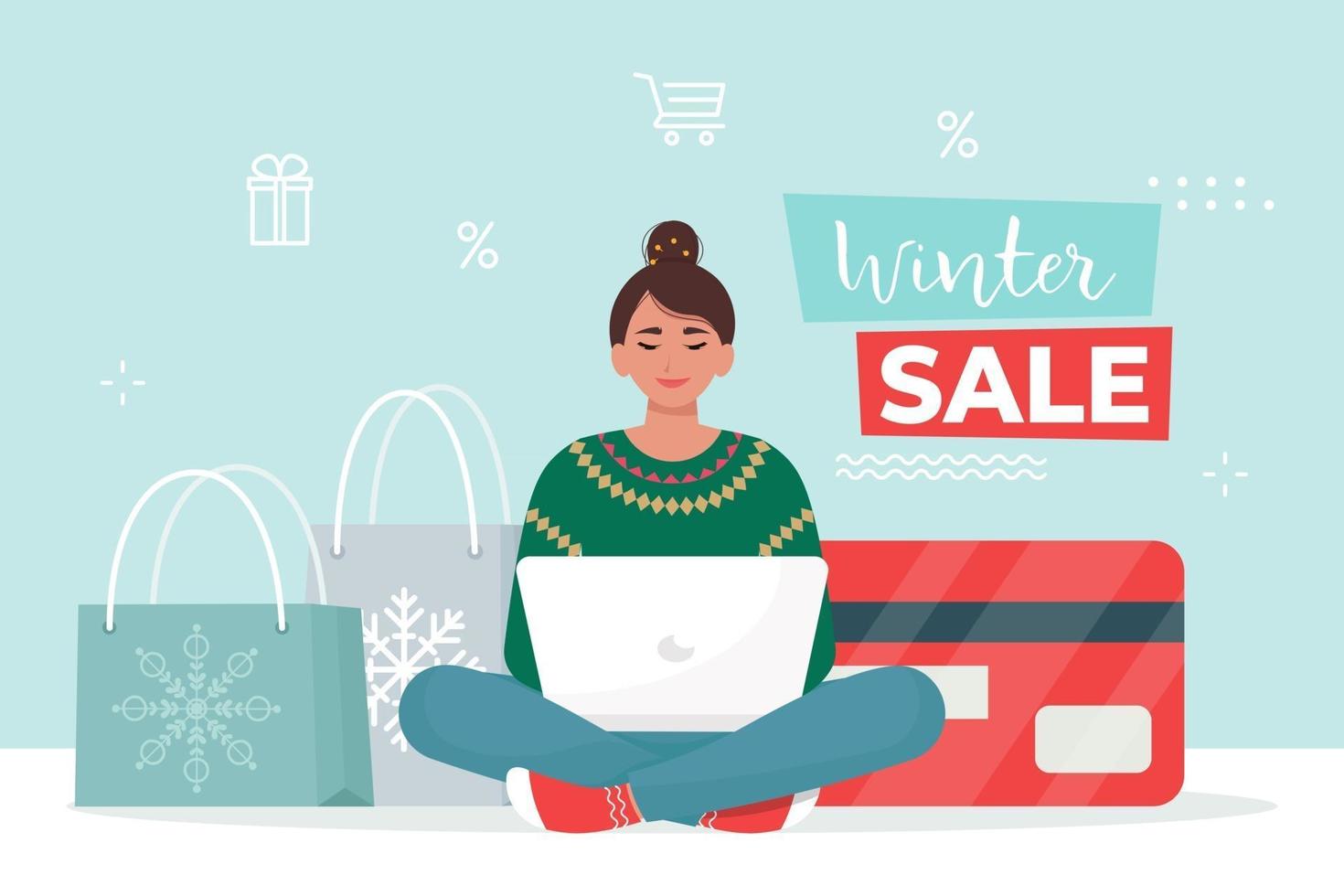 vrouw koopt goederen in de online winkel vanuit huis. winterverkoopbanner. vectorillustratie in vlakke stijl vector