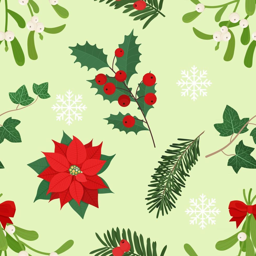 kerst naadloos patroon met verschillende planten, symbool kerstmis en nieuwjaar. vectorillustratie in vlakke stijl vector