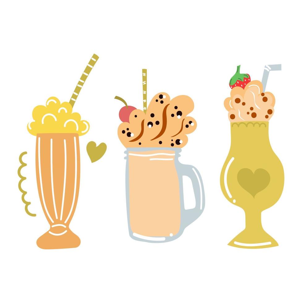 hand getekende set milkshakes. zomertijd, zoete drank, leuk cocktailsconcept. moderne vlakke afbeelding. vector