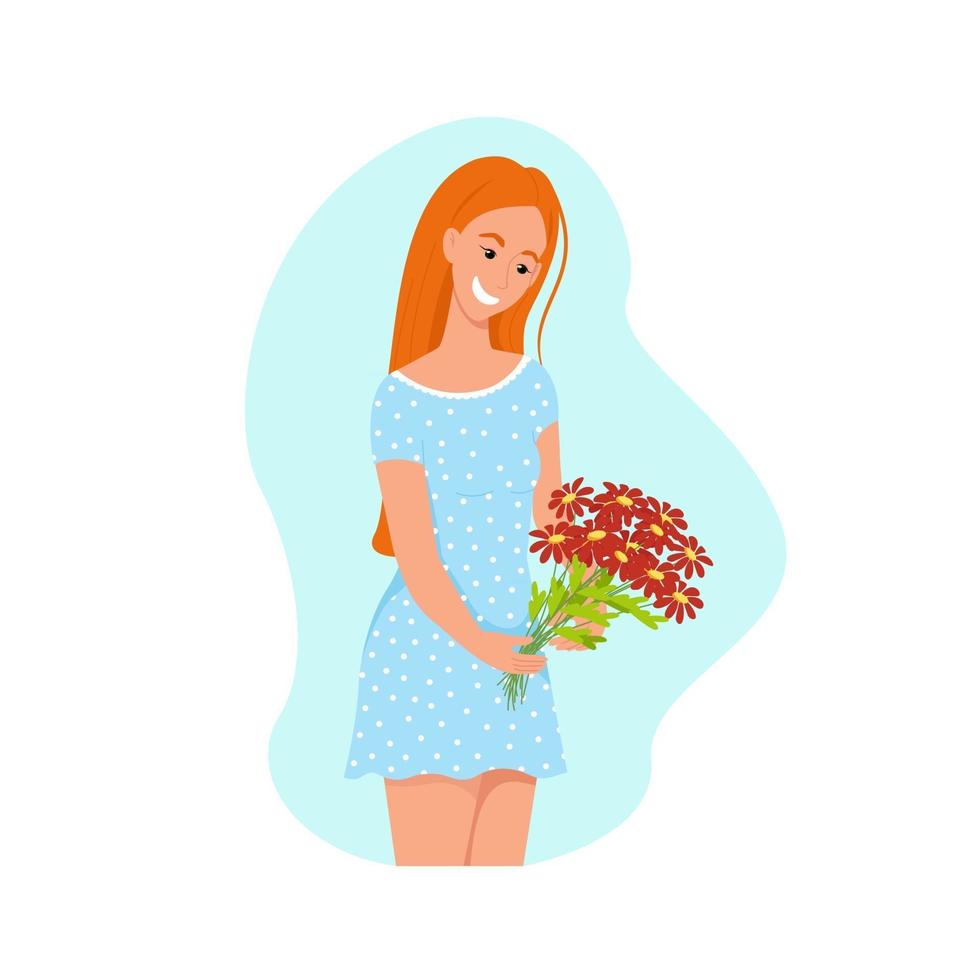 meisje met een boeket bloemen in haar handen, een jonge vrouw in een blauwe jurk en rood haar, een gelukkige man. vectorkarakter in vlakke stijl, tekenfilm vector