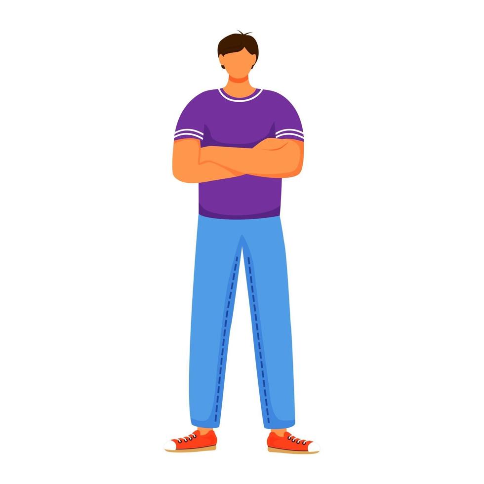 man staande egale kleur vectorillustratie. jongen die jeans, violet t-shirt en rode trainers draagt. mannelijke figuur staande met armen gekruist geïsoleerd stripfiguur op witte achtergrond vector