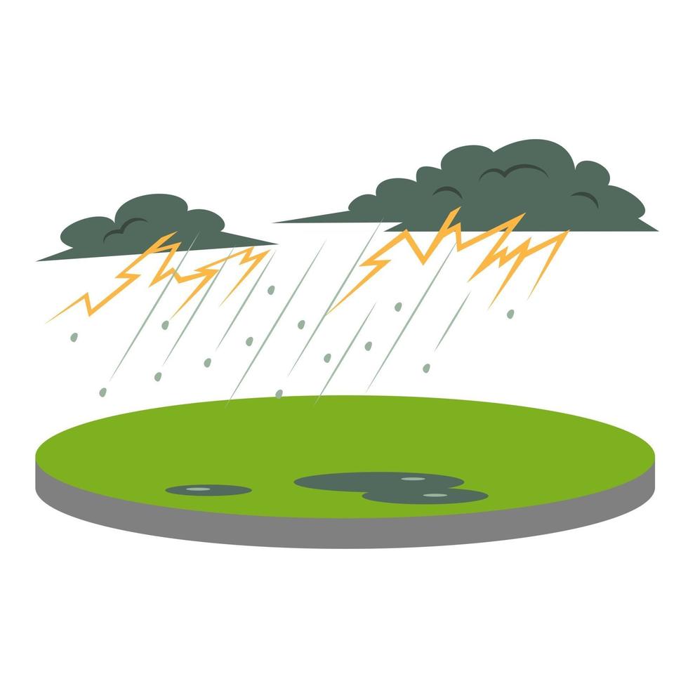 onweer in landelijk gebied cartoon vectorillustratie. donder en bliksem. hevige regen en hagel. extreem weer. ramp. egale kleur natuurramp geïsoleerd op witte achtergrond vector
