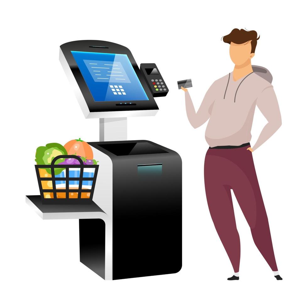 man met winkelterminal egale kleur vector gezichtsloos karakter. contactloze betaalautomaat geïsoleerde cartoon afbeelding op witte achtergrond. zelfbedieningskiosk voor supermarkten met interactieve interface