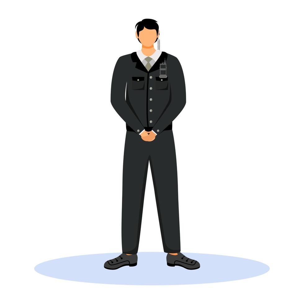 bewaker egale kleur vectorillustratie. hotelpersoneel in uniform met gebalde handen. lijfwacht met radiocommunicatie. uitsmijter geïsoleerd stripfiguur op witte achtergrond vector