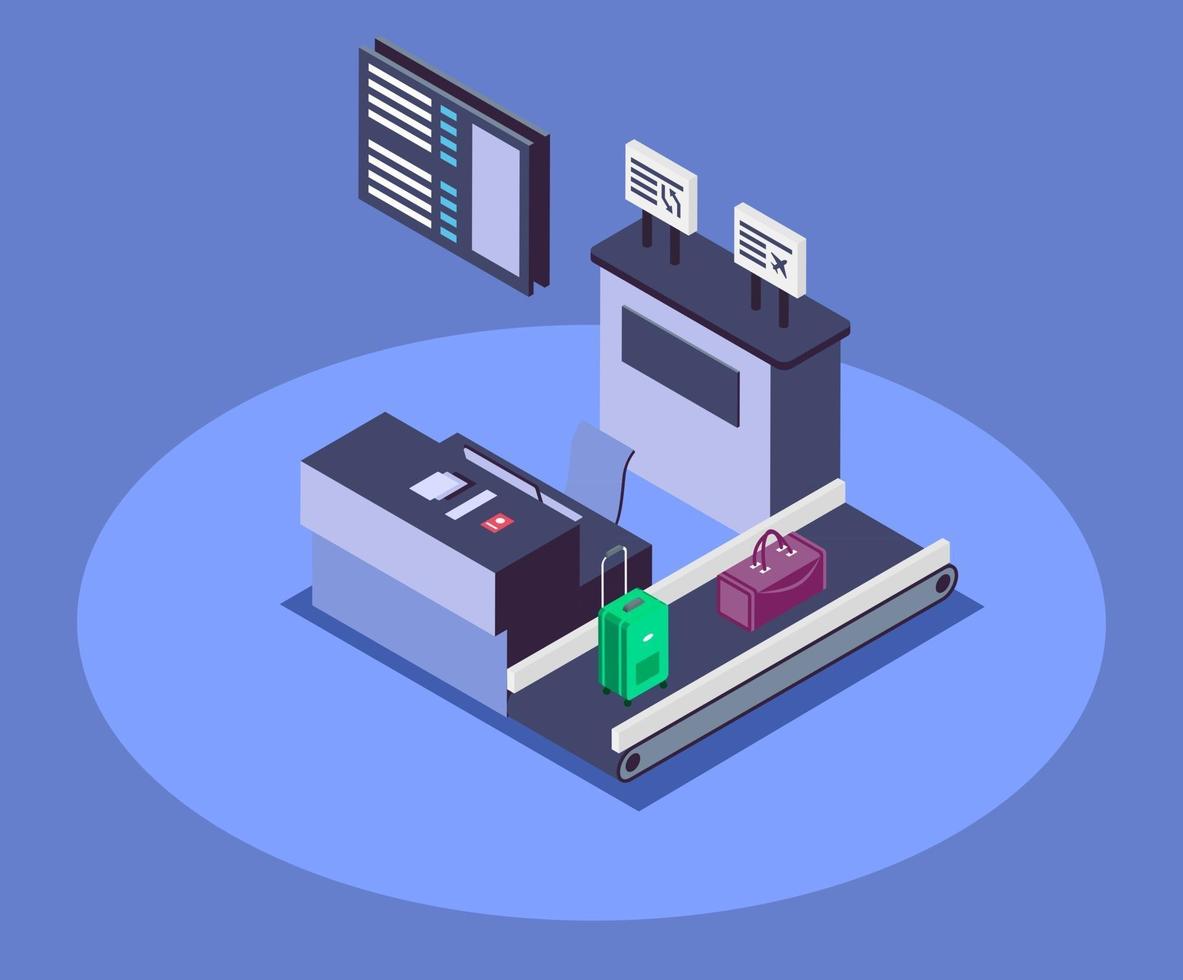 luchthaven inchecken teller isometrische kleur vectorillustratie. luchtvaartmaatschappij receptie 3d concept geïsoleerd op blauwe achtergrond. registratiebalie en transportband met passagiersbagage vector