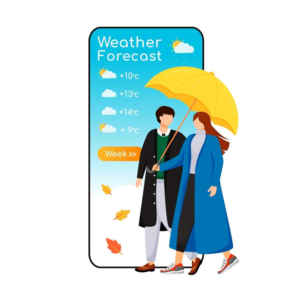 weersvoorspelling cartoon smartphone vector app scherm. weergave van mobiele telefoons, mockup met plat karakter. romantische relatie. Kaukasisch paar met paraplu. meteorologie applicatie telefoon interface