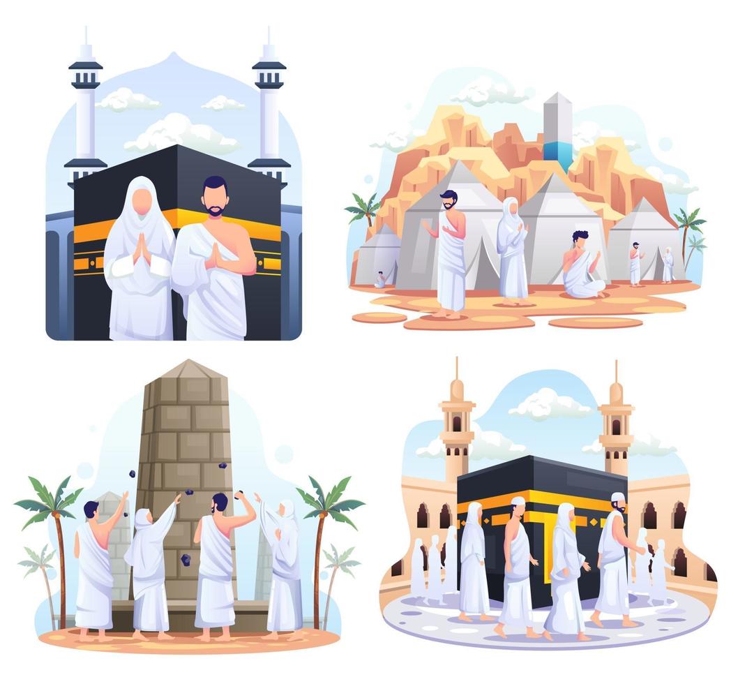 set bundel van moslim paar doet islamitische hadj bedevaart. vector illustratie