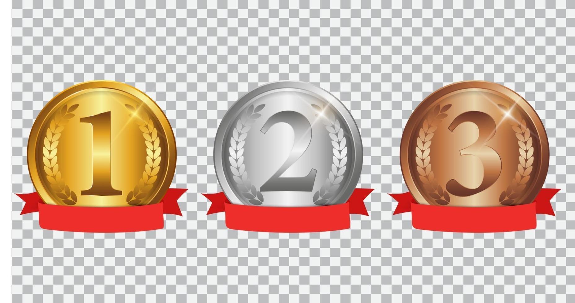 kampioen gouden, zilveren en bronzen medaille met rood lint. pictogram teken van eerste, tweede en derde plaats geïsoleerd op transparante achtergrond. vector illustratie