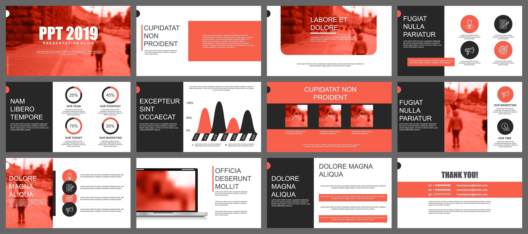 Coral and black business presentation slides templates  vector