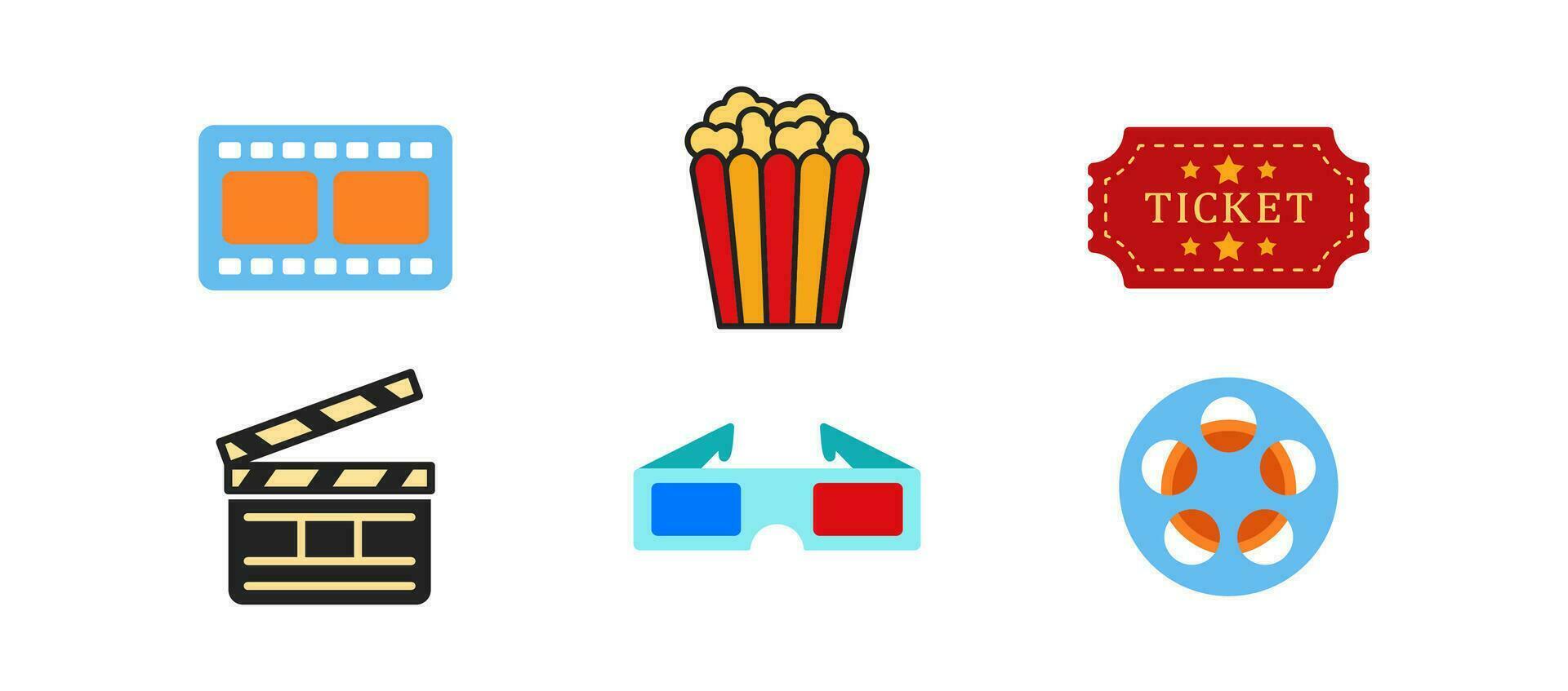 aan het kijken film icoon reeks Aan wit achtergrond. weekend, vrije tijd concept. rood-geel backet van popcorn, blauw 3d bril tekens. media vermaak symbool. gekleurde vlak ontwerp. vector