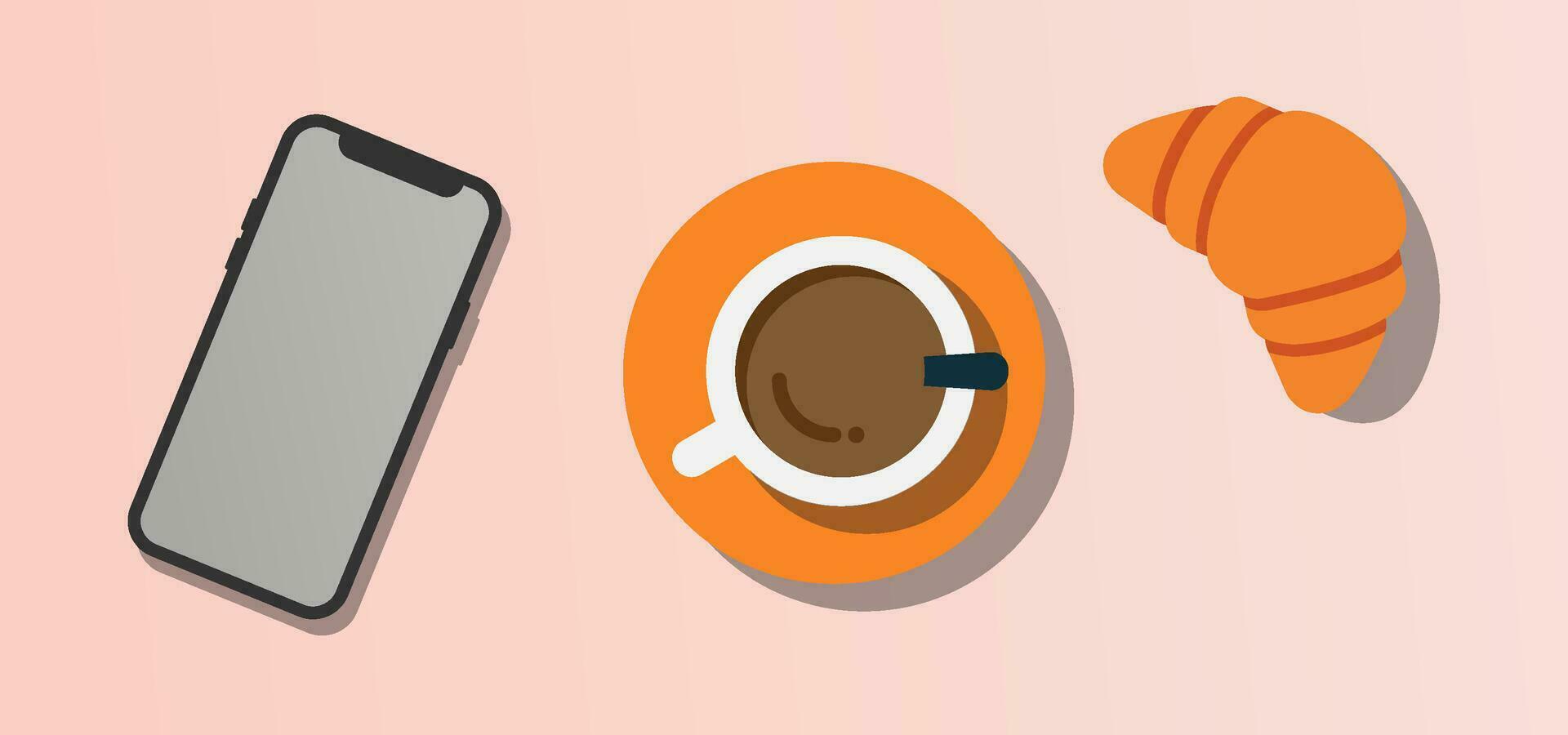 kop van koffie drinken met croissant en telefoon. kapucijner, mok met schaduw. visie van bovenstaande, top visie. zelf kantoor. ontbijt concept. werkplaats symbool. vlak stijl. vector