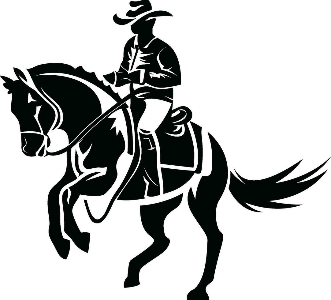 cowboy Aan een paard, zwart en wit vector illustratie, Mens rijden een paard zwart en wit voorraad vector beeld