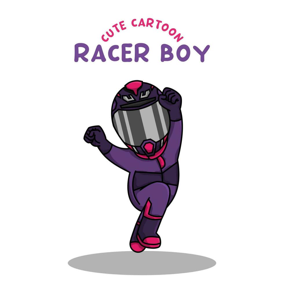 schattig tekenfilm renner jongen vervelend helm en racing pak vector illustratie.