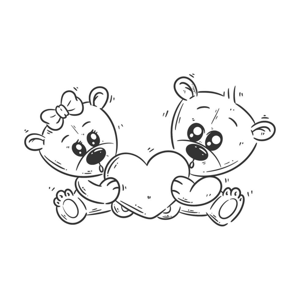 twee schattig bears zittend draag- een hart tekenfilm vector voor kleur