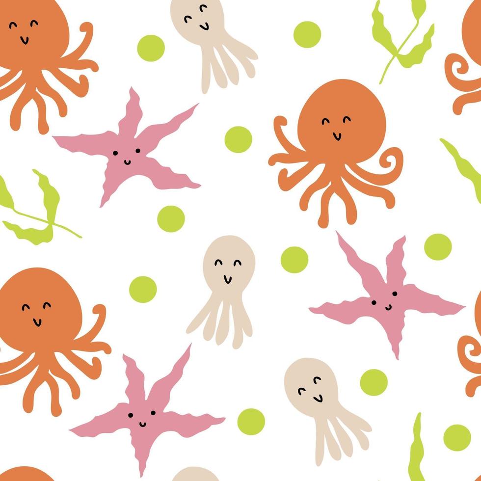 cartoon stijl doodle naadloze vector zomer patroon van onderwater octopussen en zeesterren