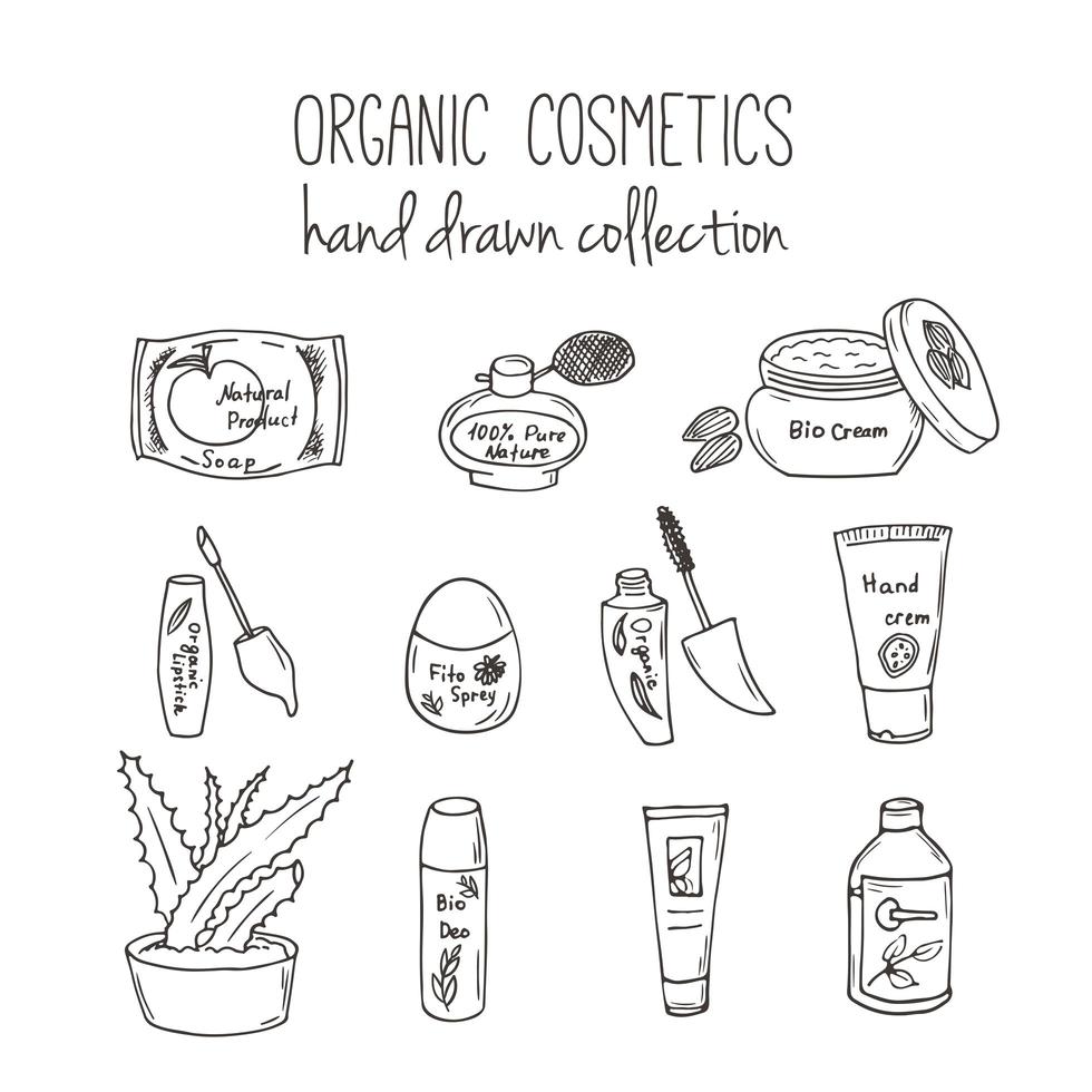 Vector cosmetic bottles. Organic cosmetics illustration. Doodle skin care items. Herbal hand drawn set. Spa elements in sketchy style.