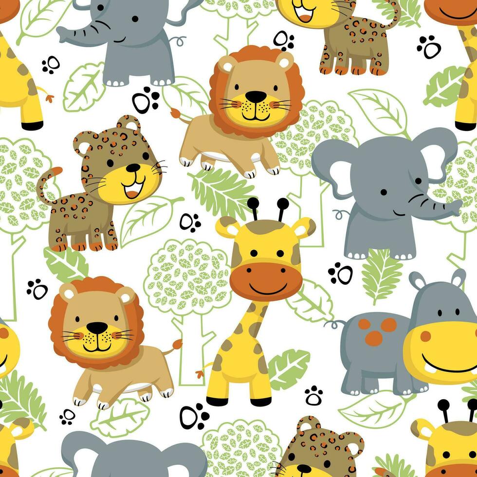 naadloos patroon vector van grappig dieren tekenfilm met bomen en bladeren