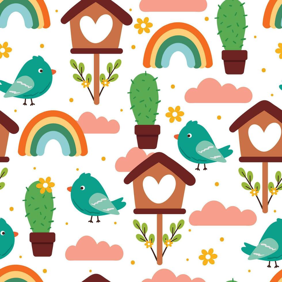 naadloos patroon tekenfilm schattig vogel met plant, vogel huis, regenboog, helder lucht in geel achtergrond. schattig behang voor textiel, geschenk inpakken papier vector