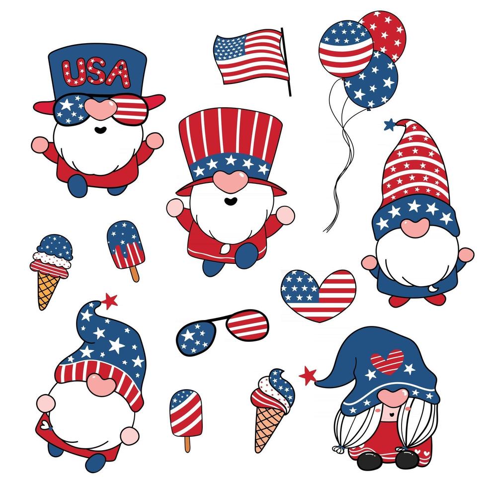 onafhankelijkheidsdag gnome elementen schattige cartoon vector collectie zomer amerika ijs en vlag