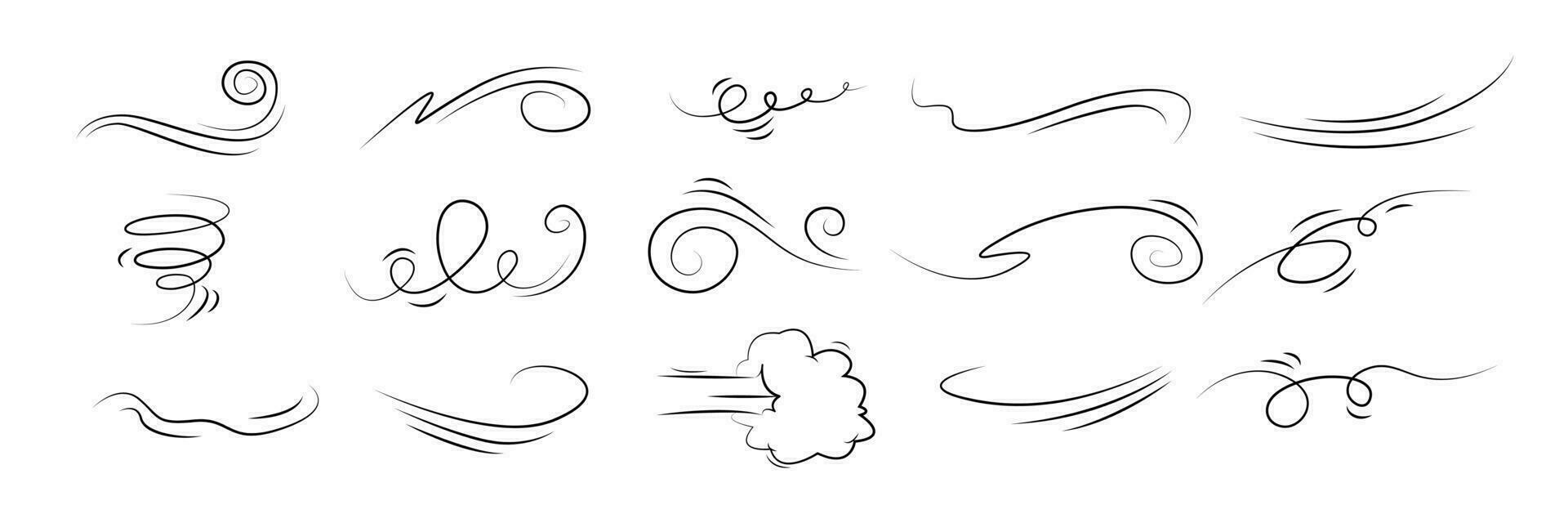 gemakkelijk tekening wind lijn tekening set. vector schetsen van wind in beweging, lucht blazen en kolken elementen. lucht blazen beweging, rook stromen kunst, abstract lijn voor kaarten, logo ontwerp, web, sociaal media en posters