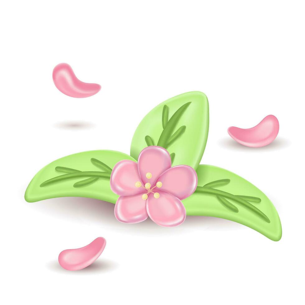 3d sakura bloem en groen blad icoon. plasticine kunst. vector