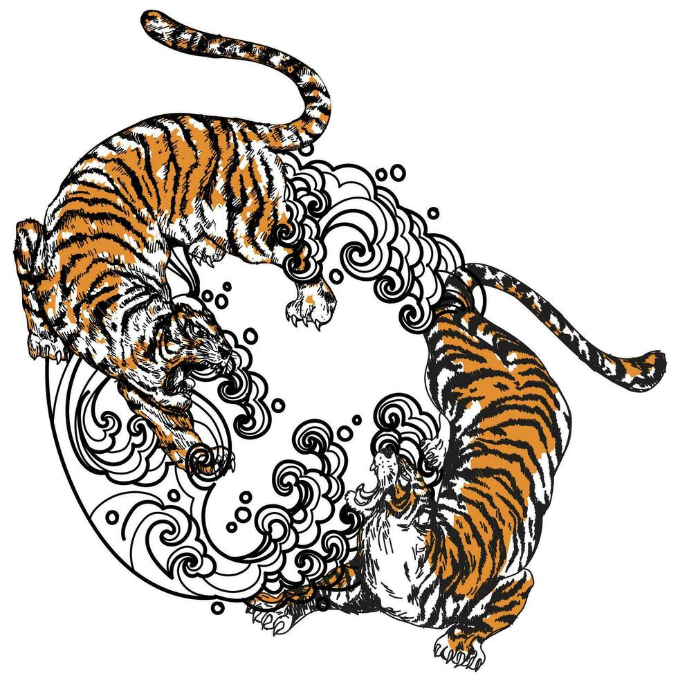 tatoeëren kunst tijgers zijn vechten hand- tekening en schetsen vector