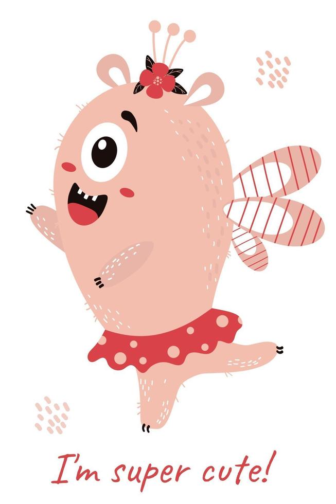 ansichtkaart met schattig roze gevleugeld monstermeisje en tekt - ik ben super schattig. vectorillustratie. voor kinderkaarten, ontwerp, decor en bedrukking, decoratie van kinderkamers vector
