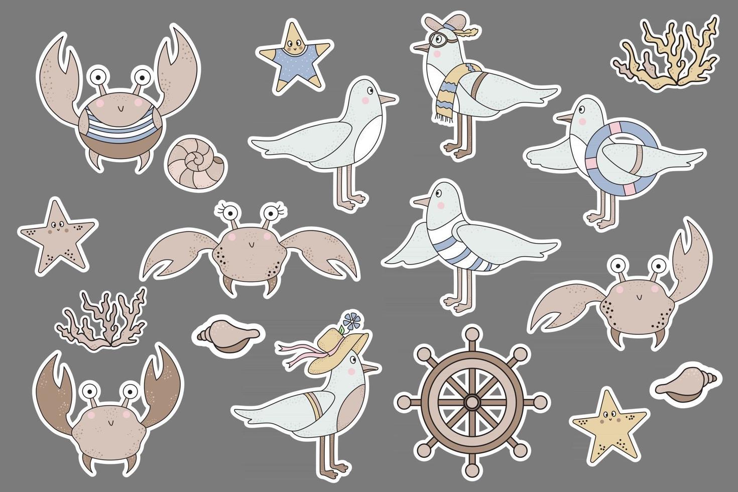 grote set zeevogels en dierenstickers. schattige personages - krabben en zeesterren, meeuwen - jongens en meisjes. onderwaterkoralen en schelpen. vector. geïsoleerde kleurtekeningen vector