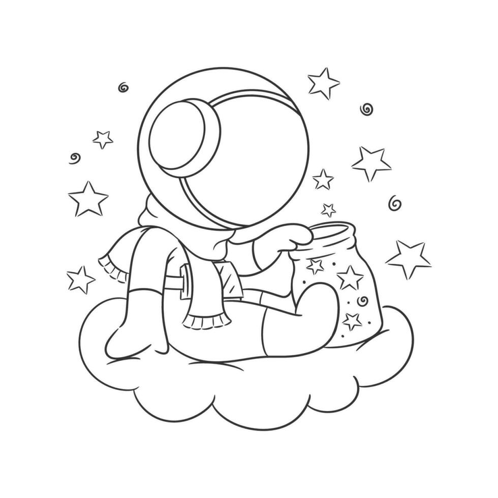 astronaut zittend in een wolk op zoek Bij buitenste ruimte in een pot voor kleur vector