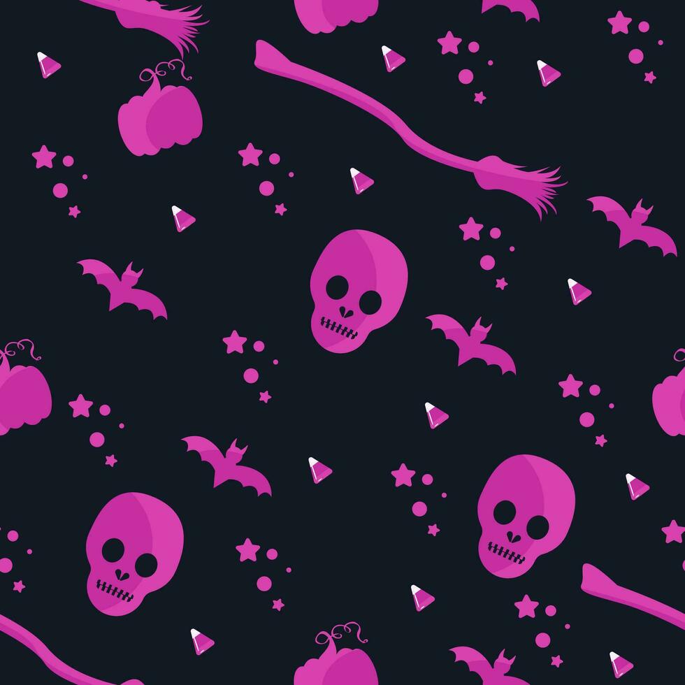 mooi hoor roze naadloos afdrukken met halloween decoratief elementen - pompoen, knuppel, wrikken, bezemsteel. modieus kleur palet patroon. mooi hoor schattig grafisch tekens en decor voorwerpen vector