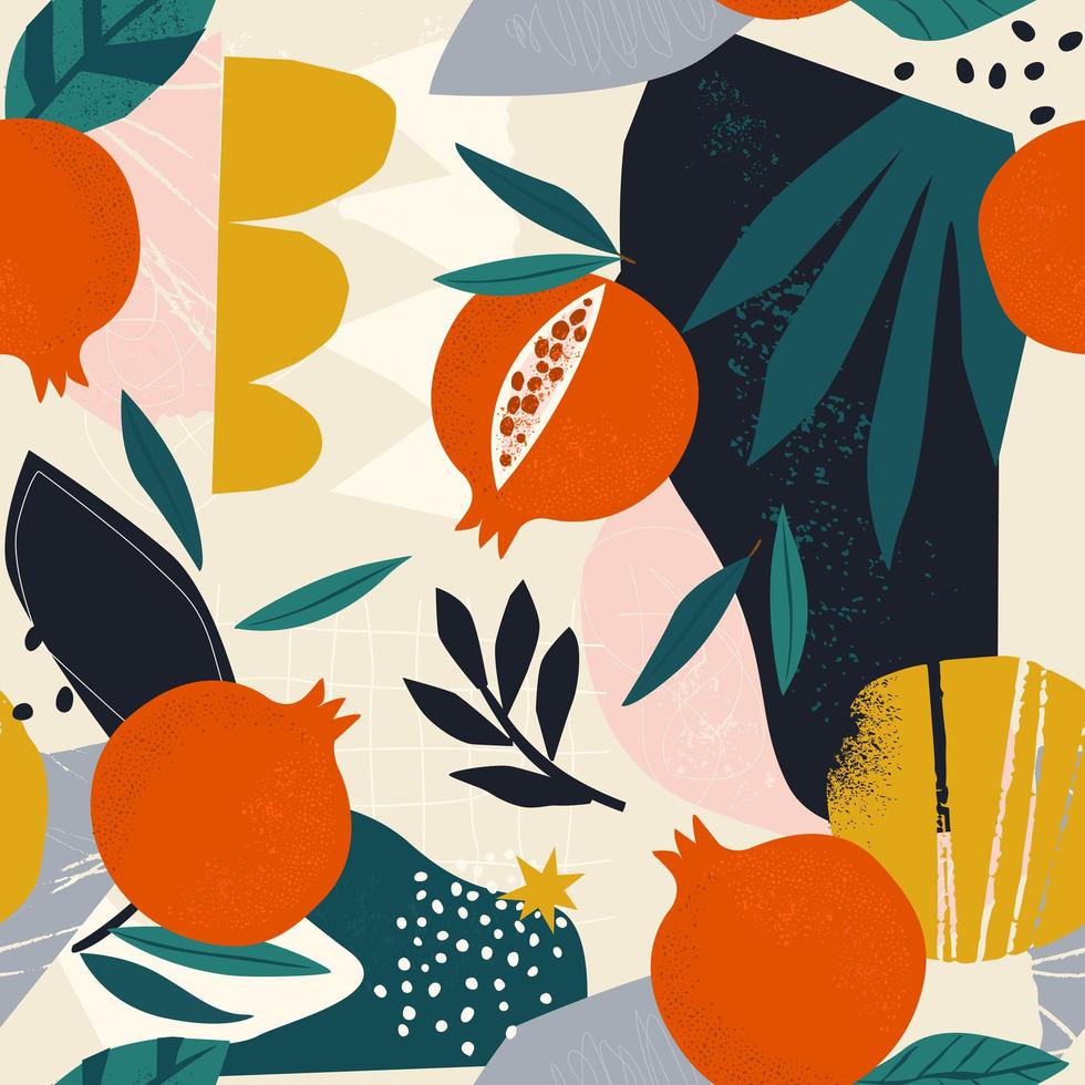 collage hedendaagse naadloze bloemmotief. moderne vruchten granaatappel vlekken, en planten illustratie vector. vector