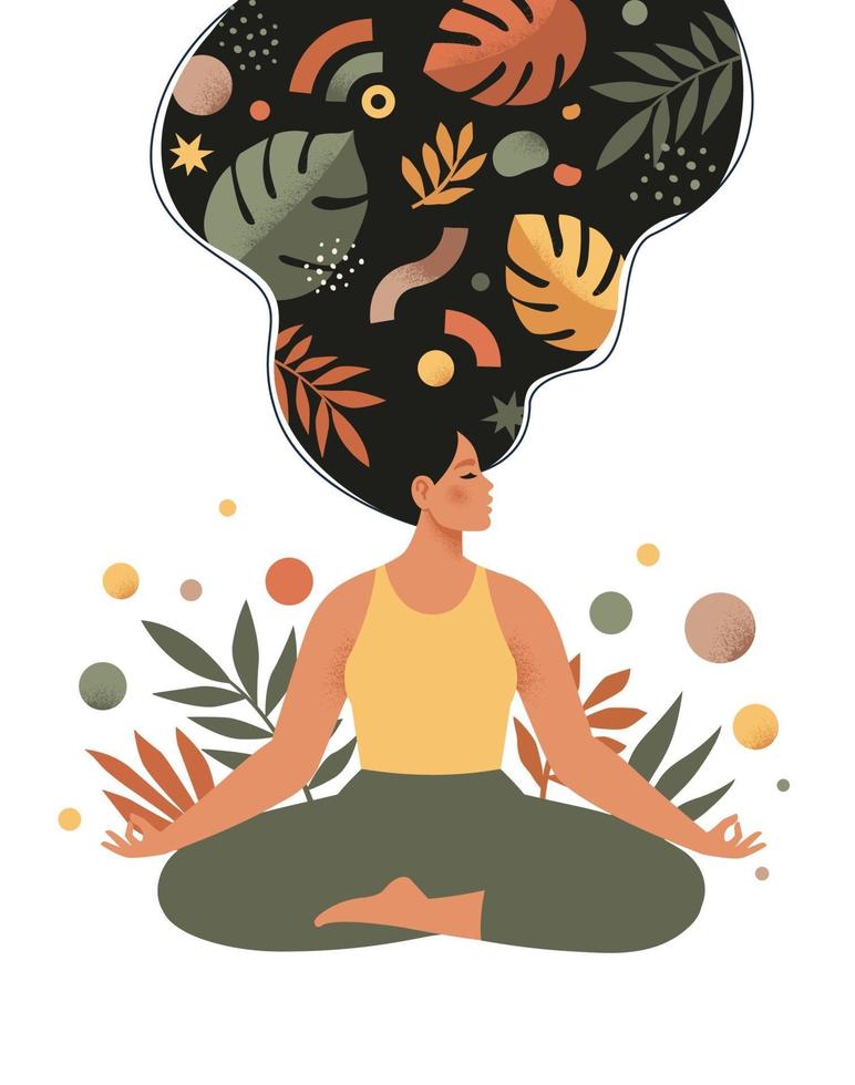 mindfulness, meditatie en yoga achtergrond in pastel vintage kleuren met vrouwen zitten met gekruiste benen en mediteren. vectorillustratie. vector